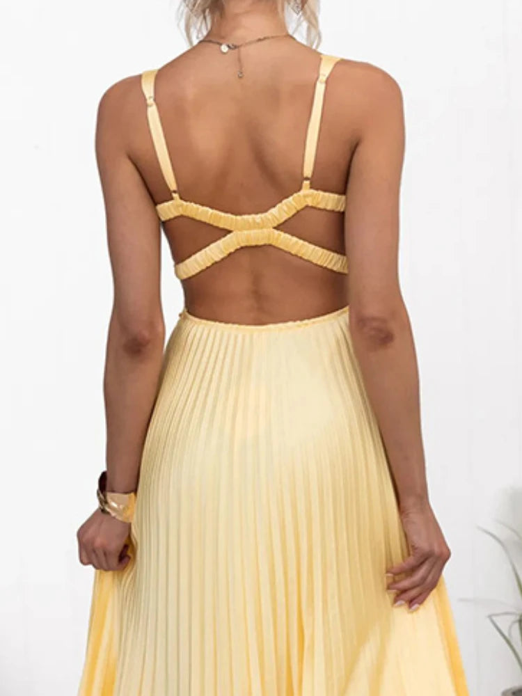 Aby - Gelbes Plissiertes V-Ausschnitt Maxikleid