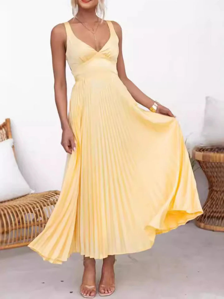 Aby - Gelbes Plissiertes V-Ausschnitt Maxikleid