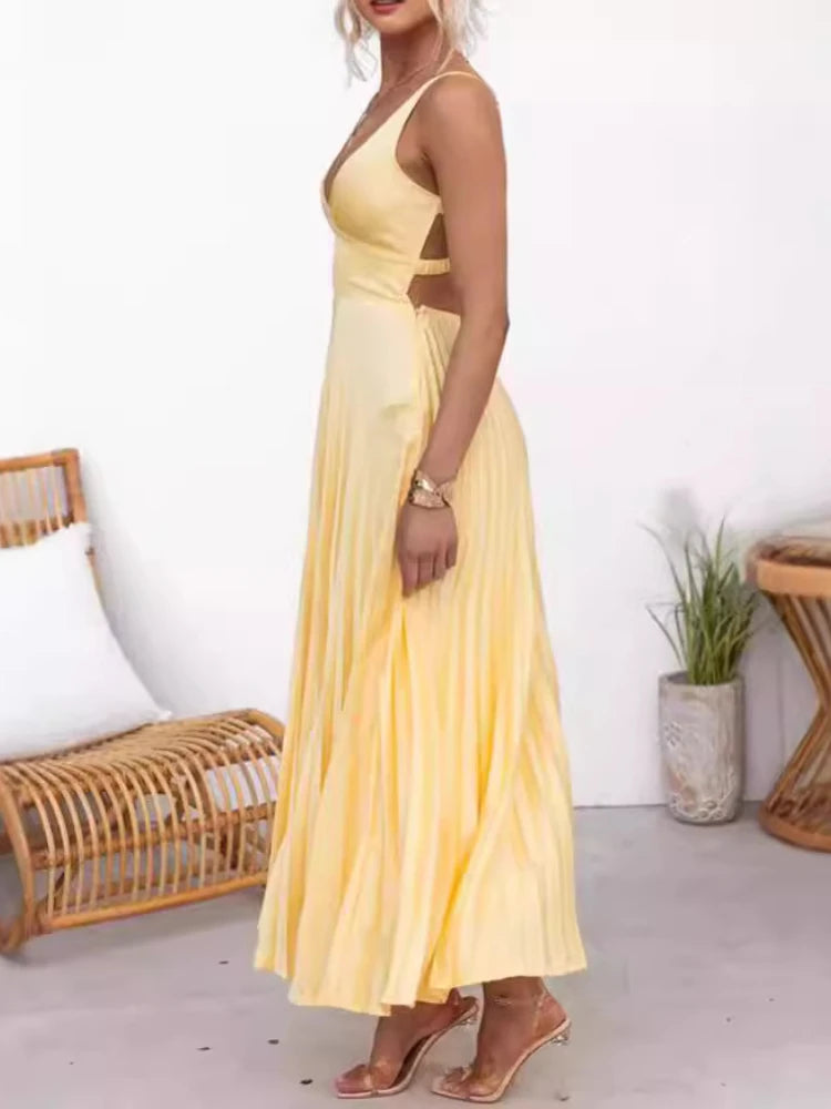 Aby - Gelbes Plissiertes V-Ausschnitt Maxikleid