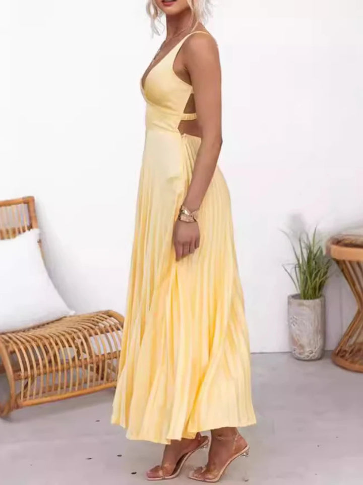 Aby - Gelbes Plissiertes V-Ausschnitt Maxikleid