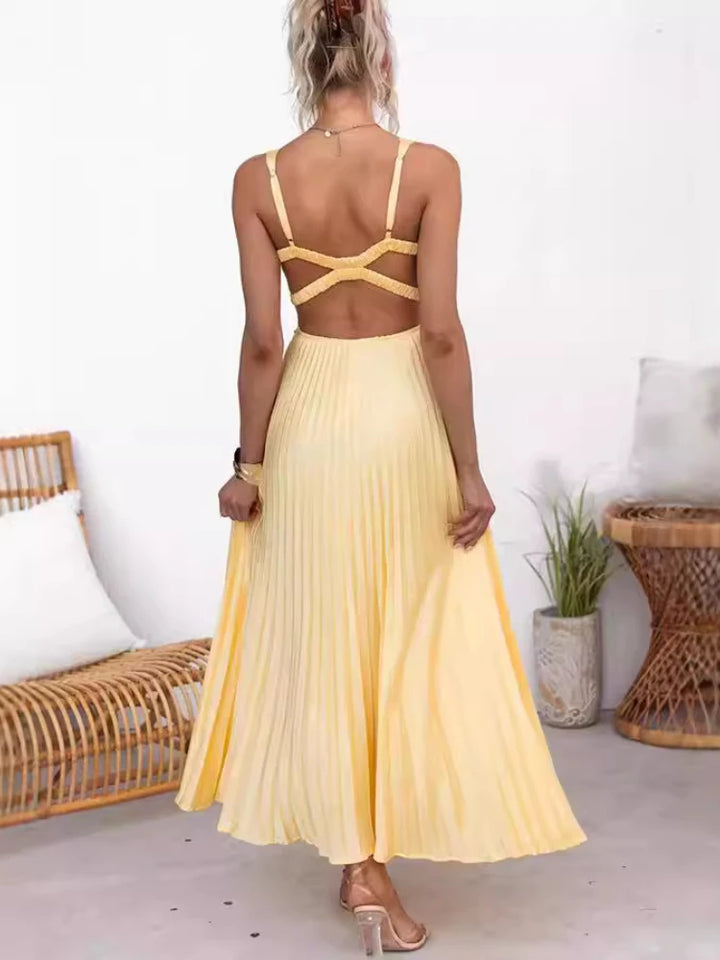 Aby - Gelbes Plissiertes V-Ausschnitt Maxikleid