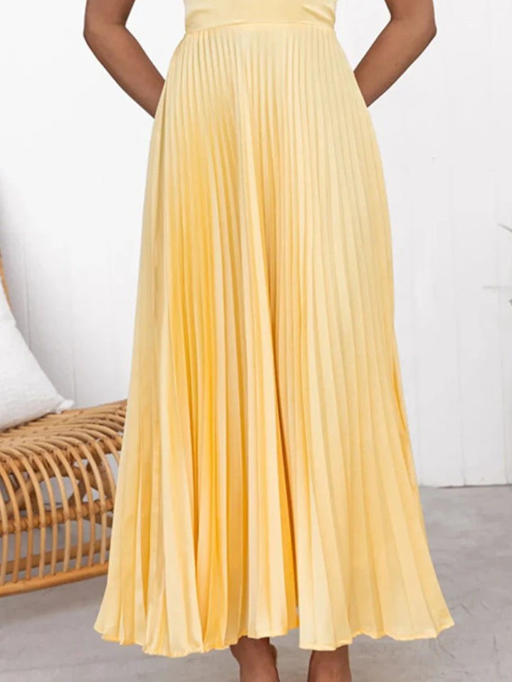 Aby - Gelbes Plissiertes V-Ausschnitt Maxikleid
