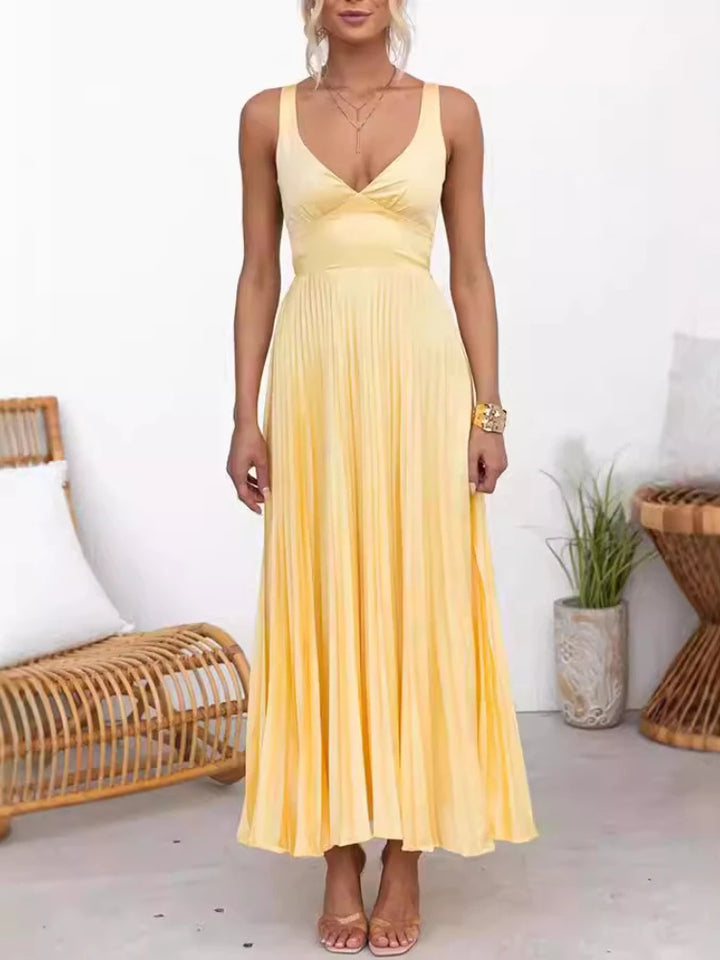 Aby - Gelbes Plissiertes V-Ausschnitt Maxikleid